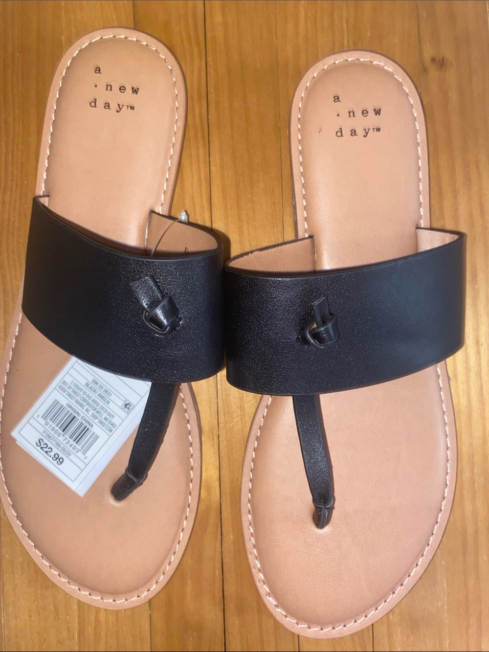 a new day Black Thong Slide Sandals with Tan Footbed